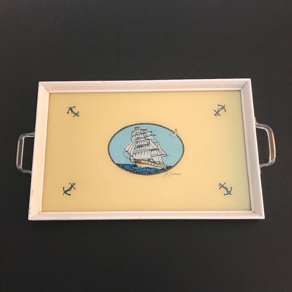 Vintage J. Jensen Foil Art Reverse Silhouettes Glass and Wood Tray with Lucite - Picture 1 of 4